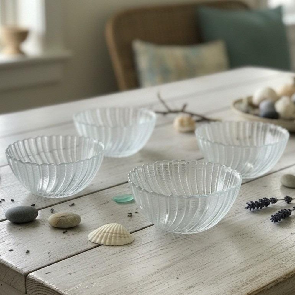 Arcoroc France Seabreeze Swirl Cereal Bowls, Set of 4, Scalloped Pressed Glass